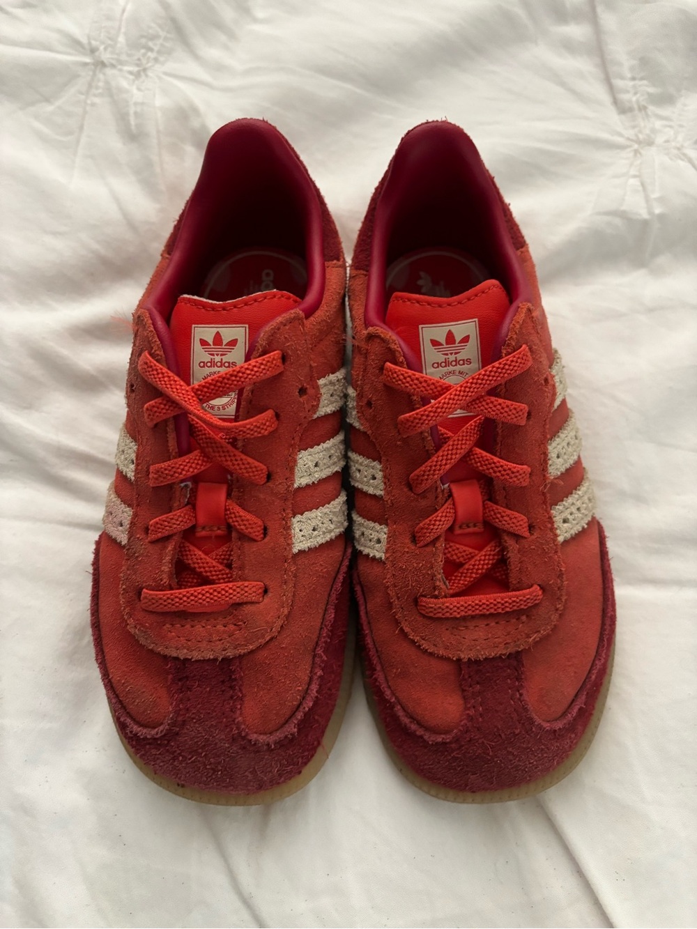 adidas Kids Red Suede Three-Stripe Sneakers with White Stripes